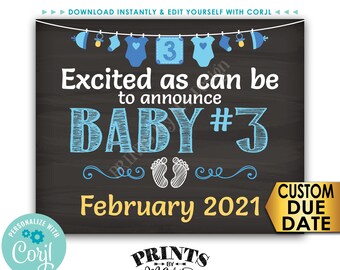 Baby Number 3 Pregnancy Announcement, It's a BOY Gender Reveal, Chalkboard Style PRINTABLE 8x10/16x20” Sign <Edit Yourself with Corjl>