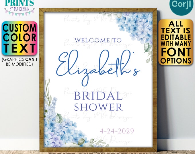 Floral Bridal Shower Welcome Sign, Flower Corners, Blue Hydrangeas, One Custom PRINTABLE 8x10/16x20” Sign <Edit Yourself with Corjl>