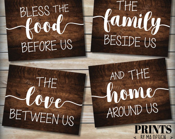 Bless Us Kitchen Dinning Room Prayer, Bless the Food Family Love Home Around Us, 4 PRINTABLE Rustic Wood Style Kitchen Wall Decor Signs <ID>