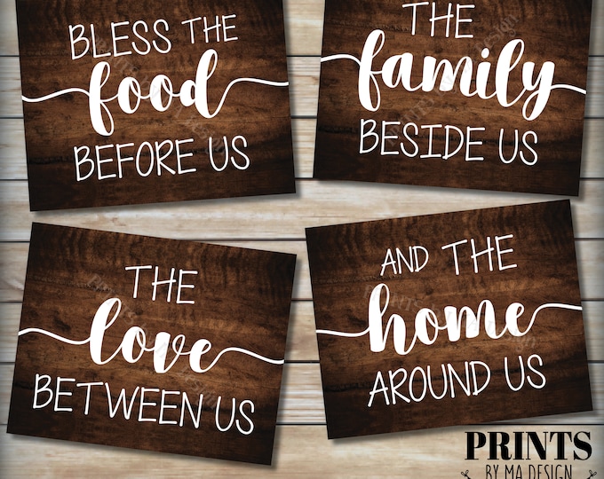 Bless Us Kitchen Dinning Room Prayer, Bless the Food Family Love Home Around Us, 4 PRINTABLE Rustic Wood Style Kitchen Wall Decor Signs <ID>