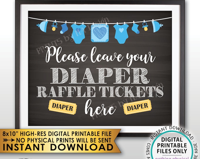 Diaper Raffle Ticket Sign, Leave Your Ticket Here, Raffle Ticket Baby Shower Sign, Blue Clothesline, Chalkboard Style PRINTABLE 8x10" <ID>