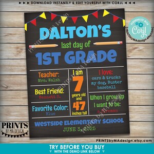 Last Day of School Sign, Editable End of Year Stats, Memories, Custom PRINTABLE 8x10/16x20 Last Day Photo Prop Edit Yourself w/Corjl image 3