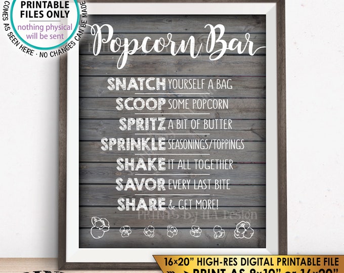 Popcorn Bar Sign, Popcorn Toppings, Popcorn Bar Directions, Wedding, Retirement, Birthday, Rustic Wood Style PRINTABLE 8x10/16x20” Sign <ID>