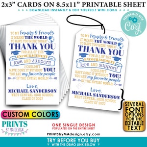 Editable Graduation Party Favors, Thank You Goodie Bags, PRINTABLE 8.5x11&quot; Sheet of 2x3&quot; Editable Cards or Tags &lt;Edit Yourself w/Corjl&gt;
