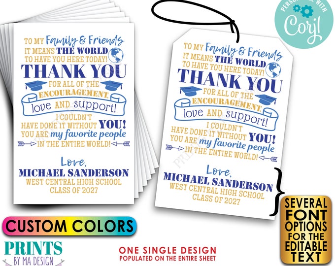 Editable Graduation Party Favors, Thank You Goodie Bags, PRINTABLE 8.5x11" Sheet of 2x3" Editable Cards or Tags <Edit Yourself w/Corjl>