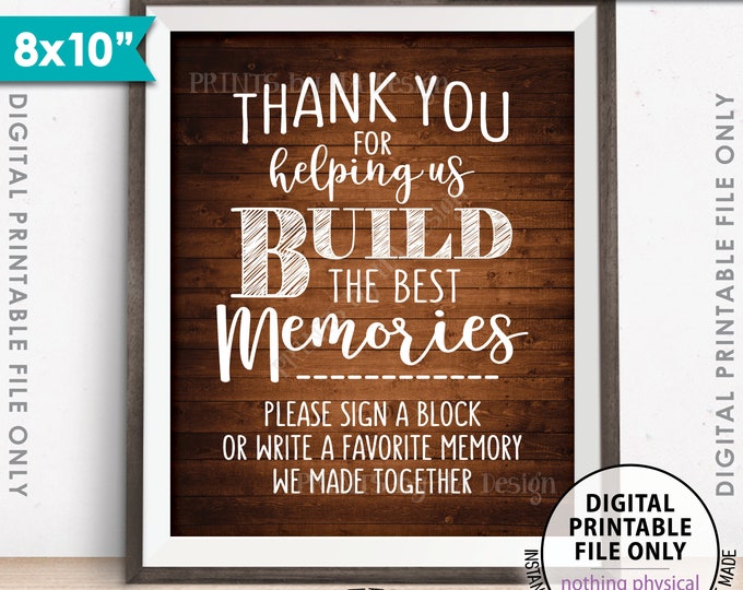 Sign a Block Sign, Thank You for Helping Us Build Memories Wedding Sign, Write a Memory Sign, PRINTABLE 8x10” Rustic Wood Style Sign <ID>