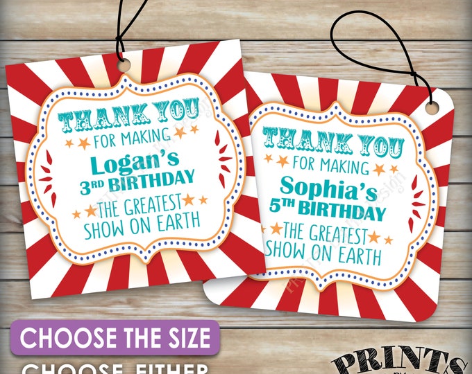 Carnival Birthday Tags, Thank You Tags, Greatest Show on Earth B-day Carnival Themed Party, Circus, Choose Tag Size, 8.5x11" PRINTABLE Sheet