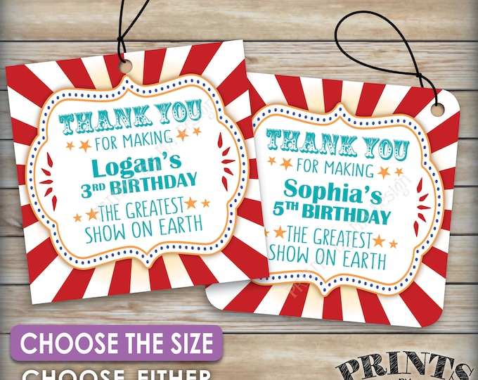 Carnival Birthday Tags, Thank You Tags, Greatest Show on Earth B-day Carnival Themed Party, Circus, Choose Tag Size, 8.5x11" PRINTABLE Sheet