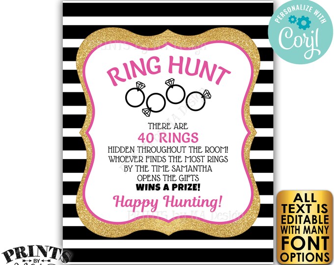 Bridal Shower Ring Hunt Game Sign, Scavenger Hunt, Black Pink Gold Glitter PRINTABLE 8x10/16x20” Wedding Sign <Edit Yourself with Corjl>