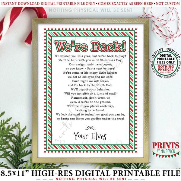 Welcome Back Letter to Kids from their Christmas Elves have Returned, We're Back Elf Letter, Santa's Elves, PRINTABLE 8.5x11” Sign <ID>