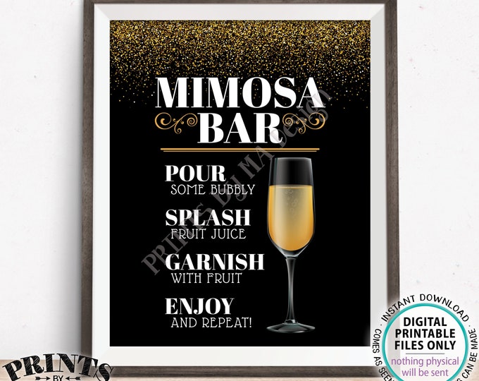 Mimosa Bar Sign, Make your own Mimosa Sign, PRINTABLE 8x10” Sign, Black & Gold Glitter <Instant Download>