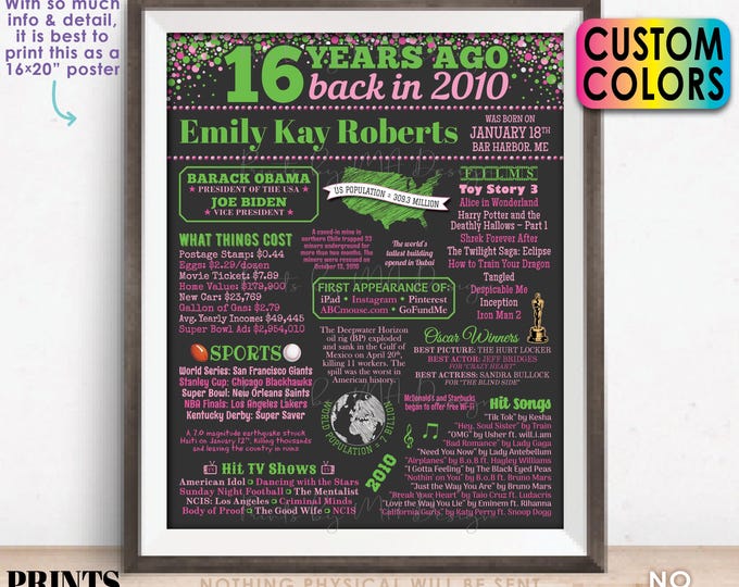 16th Birthday Poster Board, Born in 2010 Flashback 16 Years Ago B-day Gift, Sweet 16 Celebration, Custom PRINTABLE 16x20” Back in 2010 Sign