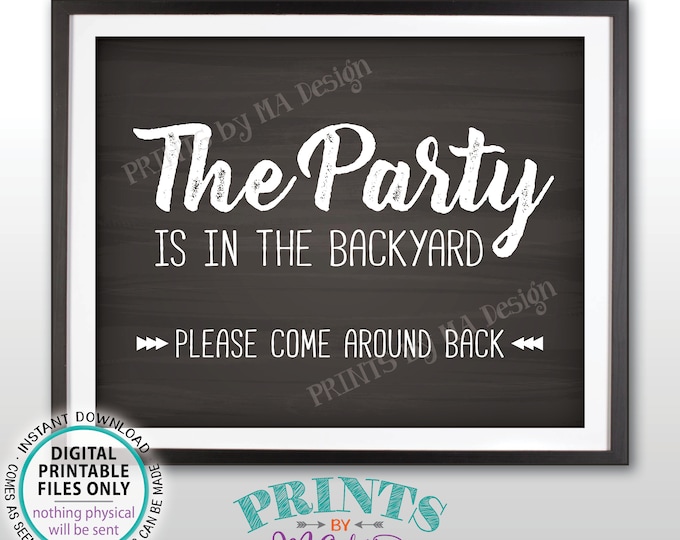 Party is in the Backyard Please Come Around Back, Come to the Backyard Party Around Back, PRINTABLE 8x10/16x20” Chalkboard Style Sign <ID>