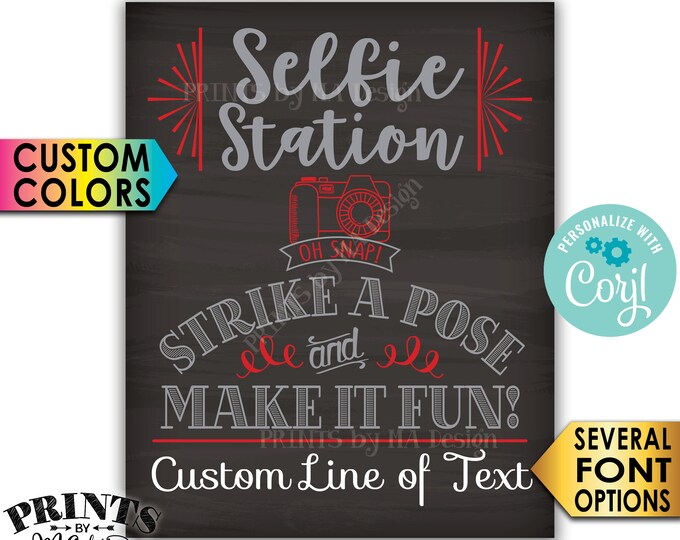 Selfie Station Sign, Srike a Pose & Make it Fun, Custom PRINTABLE 8x10/16x20” Chalkboard Style Sign <Edit Yourself with Corjl>