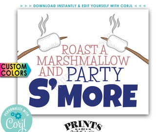 S'more Sign, Roast a Marshmallow and Party S'more, PRINTABLE 8x10/16x20” Sign <Edit Colors Yourself with Corjl>