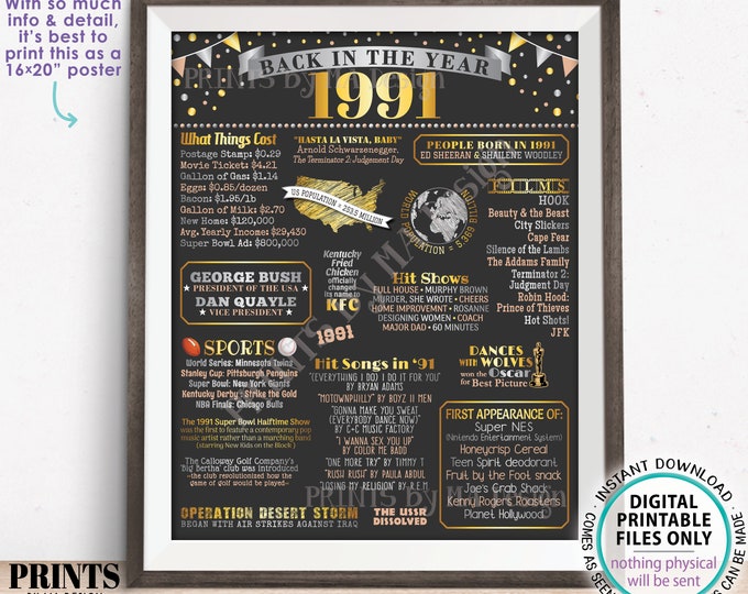 Back in the Year 1991 Poster Board, Remember 1991 Sign, Flashback to 1991 USA History from 1991, PRINTABLE 16x20” Sign <ID>