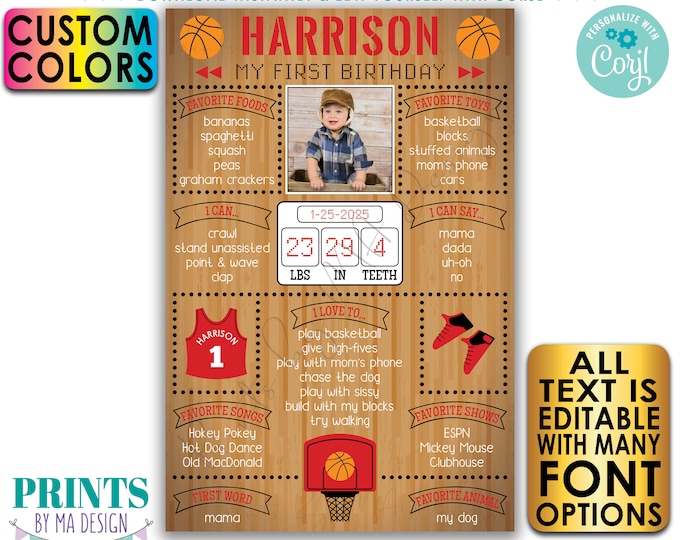 Editable Basketball Birthday Board, Personalized Milestones Poster, One Custom PRINTABLE 24x36" 1st B-day Stats Sign <Edit Yourself w/Corjl>
