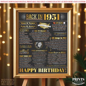 Affiche d'anniversaire « Retour en 1951 », Décoration souvenir d'anniversaire 1951, Cadeau d'anniversaire 1951, Panneau imprimable 40 x 50 cm, Décoration d'anniversaire dorée <ID> image 4