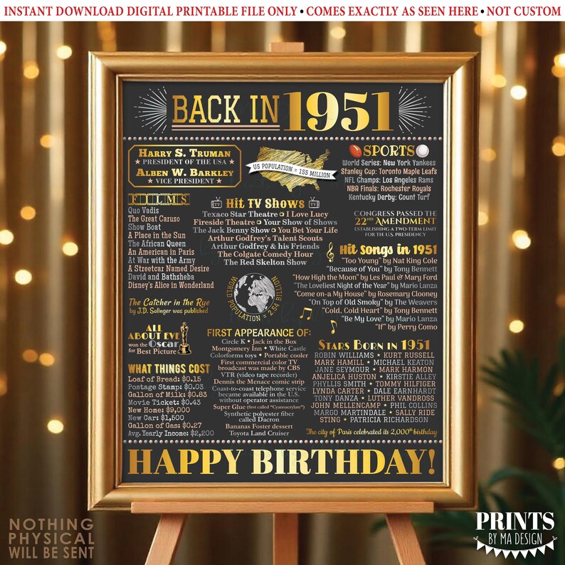 Affiche d'anniversaire « Retour en 1951 », Décoration souvenir d'anniversaire 1951, Cadeau d'anniversaire 1951, Panneau imprimable 40 x 50 cm, Décoration d'anniversaire dorée <ID> image 4