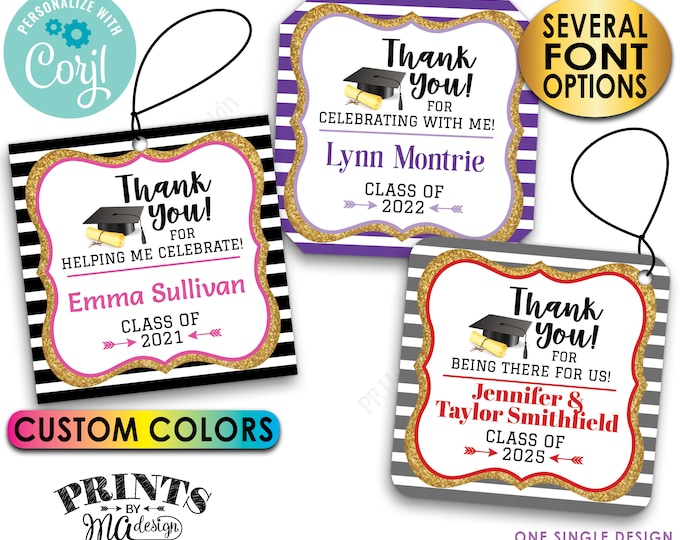 Graduation Thank You Tags, Grad Party Favors, Gold Glitter, Digital PRINTABLE 8.5x11" File of 2.5" Square Cards <Edit Yourself with Corjl>