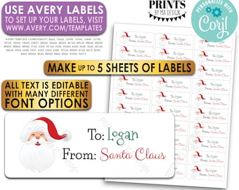 Editable Christmas Gift Labels, Personlaized X-mas Present Tags, Up to 5 Custom PRINTABLE 1x2-5/8" Santa Labels <Edit Yourself with Corjl>
