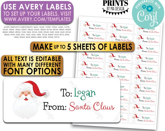 Editable Christmas Gift Labels, Personlaized X-mas Present Tags, Up to 5 Custom PRINTABLE 1x2-5/8" Santa Labels <Edit Yourself with Corjl>