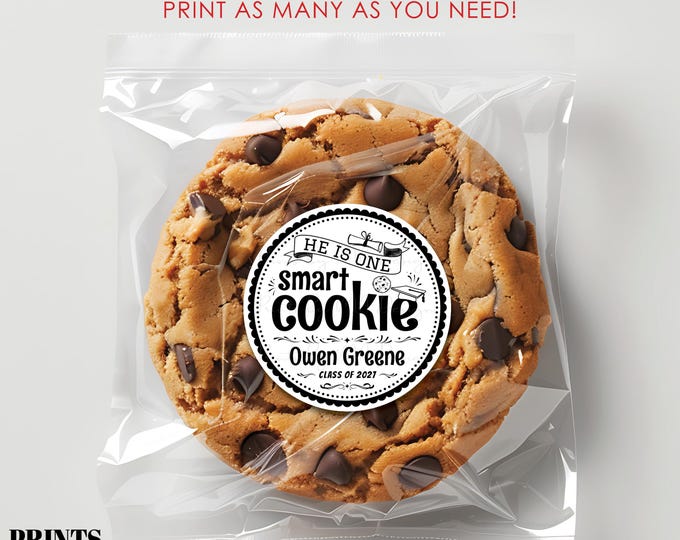 He is One Smart Cookie Graduation Party Cards/Stickers/Labels for a Favors, Custom Black & White PRINTABLE 2.5x2.5" images on 8.5x11" Sheet
