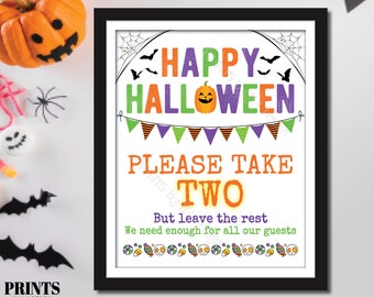 May include: A framed Halloween-themed digital print with the words "HAPPY HALLOWEEN" in orange, green, and purple. The print includes a jack-o'-lantern, bats, and a banner. The text "PLEASE TAKE TWO" is also displayed. The print is available as a 16x20 inch or 8x10 inch digital file.