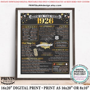 Back in the Year 1926 Poster Board, Remember 1926 Sign, Flashback to 1926 USA History from 1926, PRINTABLE 16x20” Sign &lt;ID&gt;