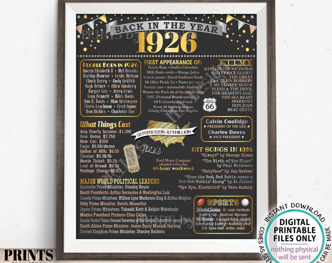 Back in the Year 1926 Poster Board, Remember 1926 Sign, Flashback to 1926 USA History from 1926, PRINTABLE 16x20” Sign <ID>