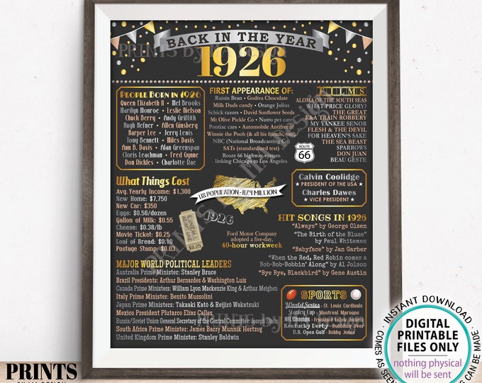 Back in the Year 1926 Poster Board, Remember 1926 Sign, Flashback to 1926 USA History from 1926, PRINTABLE 16x20” Sign <ID>