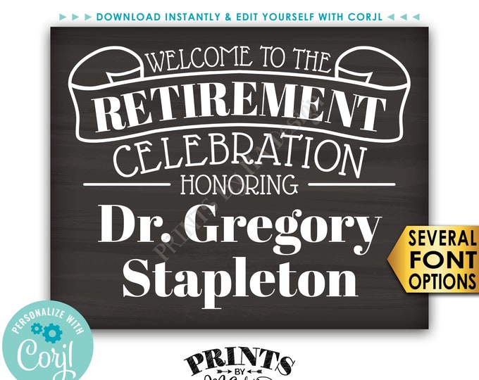 Welcome to the Retirement Celebration Sign, PRINTABLE 8x10/16x20” Chalkboard Style Retirement Party Sign <Edit Yourself with Corjl>