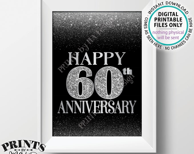 60th Anniversary Card Black & Silver Glitter 60th Wedding Anniversary, Sixty Years Card, Silver Glitter PRINTABLE 5x7" Digital File <ID>