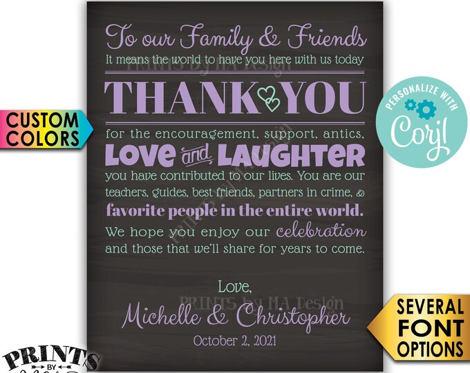 Wedding Thank You Sign, Thank Family and Friends, Custom PRINTABLE 8x10/16x20” Chalkboard Style Wedding Sign <Edit Yourself with Corjl>