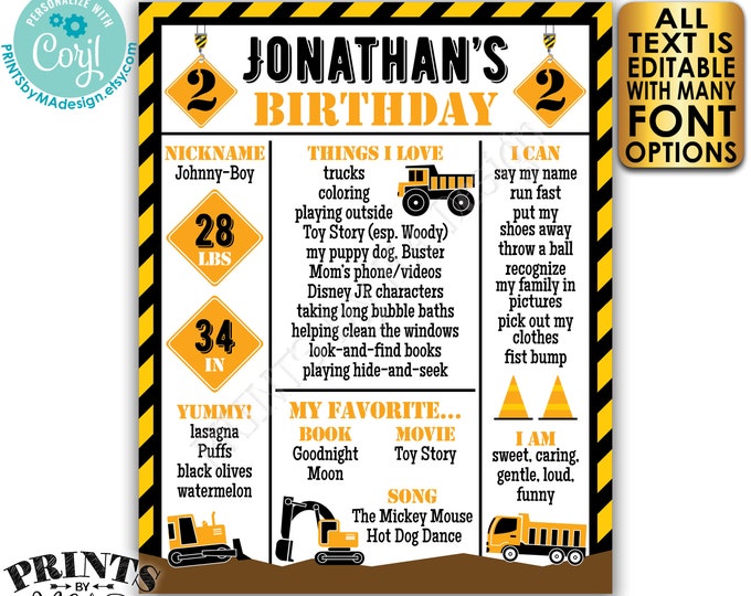 Editable Truck Birthday Poster, Yellow Tractor Milestones Sign, Personalized PRINTABLE 8x10/16x20” B-day Sign <Edit Yourself w/Corjl>
