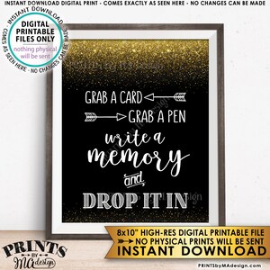 Schrijf een herinnering, pak een kaart, pak een pen, laat hem vallen, verjaardagsfeestje, afstuderen, pensioen, bon Voyage, zwart/goud afdrukbaar 8x10" teken <ID>
