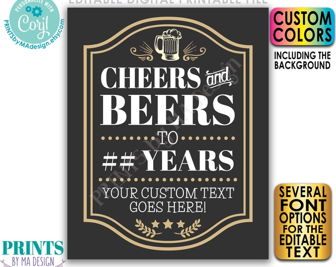 Cheers and Beers Sign, Cheers to Years Birthday/Retirement, PRINTABLE 8x10/16x20” Party Sign, Custom Text & Colors <Edit Yourself w/Corjl>