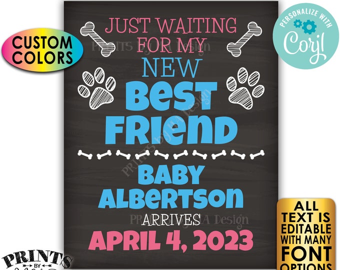 Dog Pregnancy Announcement, Just Waiting for my New Best Friend, Custom PRINTABLE 16x20” Chalkboard Style Sign <Edit Yourself with Corjl>