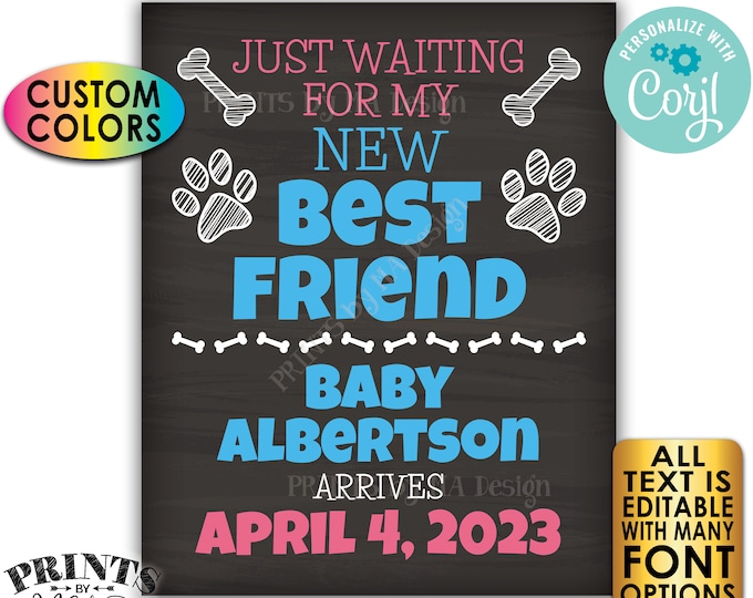 Dog Pregnancy Announcement, Just Waiting for my New Best Friend, Custom PRINTABLE 16x20” Chalkboard Style Sign <Edit Yourself with Corjl>