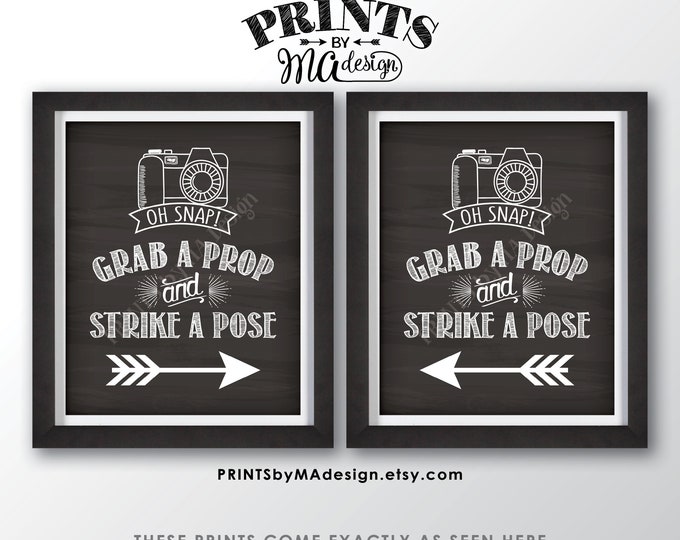 Photobooth Signs, Grab a Prop and Strike a Pose Signs with Arrows, Two Chalkboard Style PRINTABLE Signs <ID>