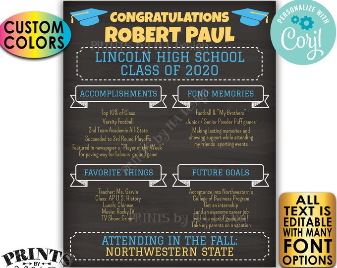 Graduation Party Sign, High School Graduation Party Decoration, Milestones, PRINTABLE 16x20” Chalkboard Style Sign <Edit Yourself w/Corjl>
