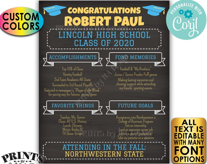 Graduation Party Sign, High School Graduation Party Decoration, Milestones, PRINTABLE 16x20” Chalkboard Style Sign <Edit Yourself w/Corjl>