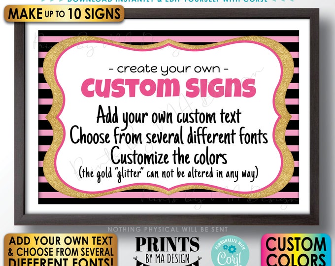 Editable Stripes Signs, Gold Glitter, Choose Text and Colors, Design 10 Custom PRINTABLE 24x36" Landscape Designs <Edit Yourself w/Corjl>