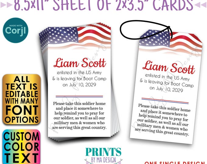US Military Boot Camp Send-off Card, Take a Soldier, Please Pray, American Flag, PRINTABLE 2x3.5" Tags/Cards <Edit ONE Yourself w/Corjl>
