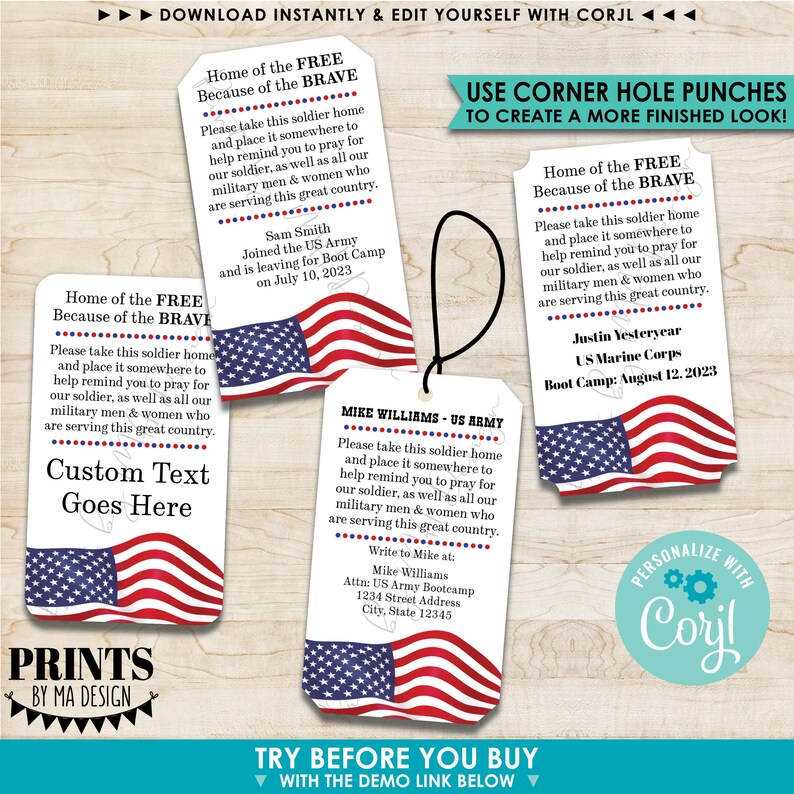 May include: Four printable tags with an American flag design. The tags feature the text "Home of the FREE Because of the BRAVE" and include space for a name, branch of service, and date. The tags are designed to be used as a way to honor and remember those serving in the military.