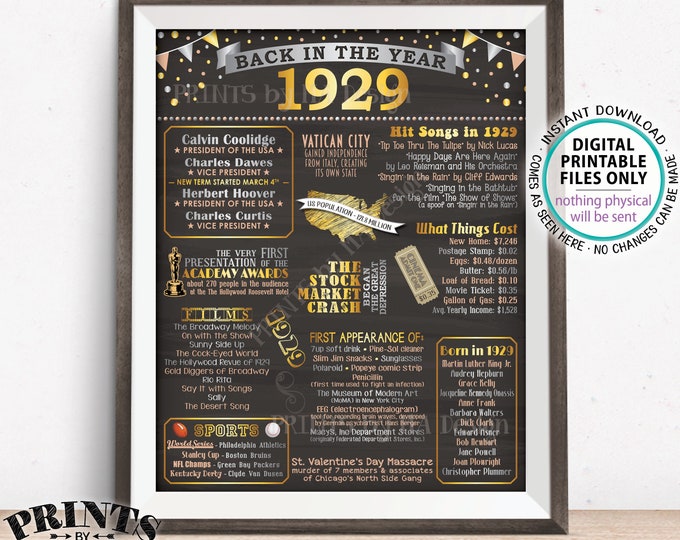 Back in 1929 Flashback Poster Board, USA History Remember 1929 Flashback Poster, PRINTABLE 16x20” Back in 29 Sign <ID>