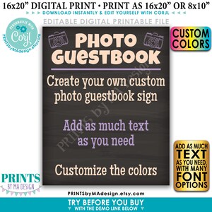 May include: A digital printable sign for a photo guestbook. The sign is black with white text and has a purple and pink design. The text on the sign says "Photo Guestbook", "Create your own custom photo guestbook sign", "Add as much text as you need", and "Customize the colors".