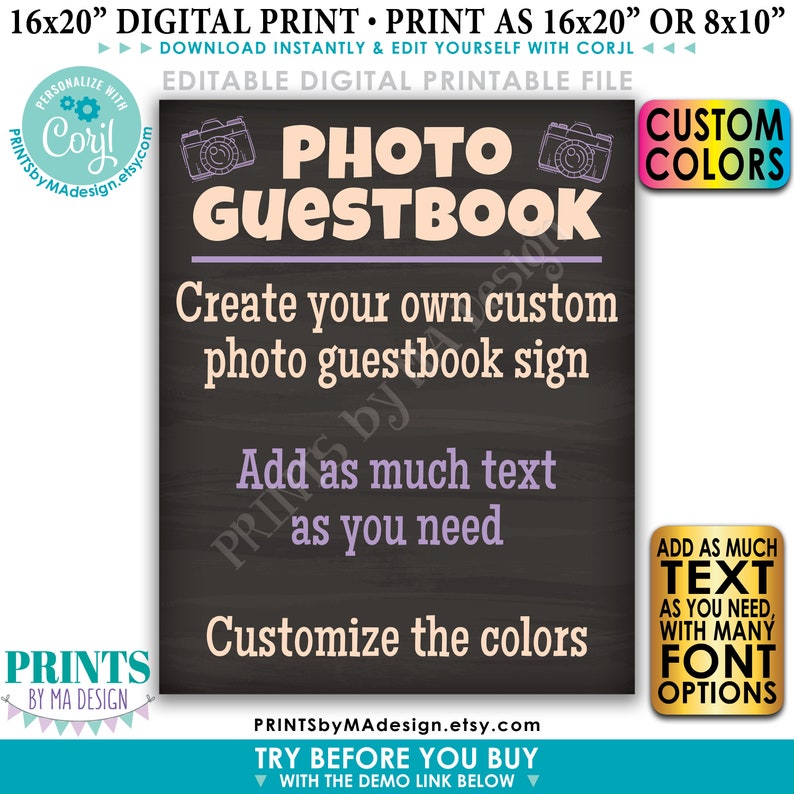 May include: A digital printable sign for a photo guestbook. The sign is black with white text and has a purple and pink design. The text on the sign says "Photo Guestbook", "Create your own custom photo guestbook sign", "Add as much text as you need", and "Customize the colors".