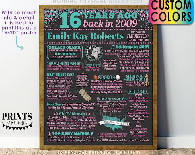 16th Birthday Poster Board, Born in 2009 Flashback 16 years Ago B-day Gift, Custom PRINTABLE 16x20” Back in 2009 Sign