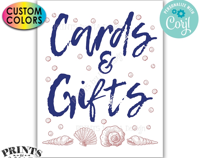 Beach Themed Cards & Gifts Sign, Seashells, PRINTABLE 8x10/16x20” Cards and Gifts Sign <Edit Colors Yourself w/Corjl>